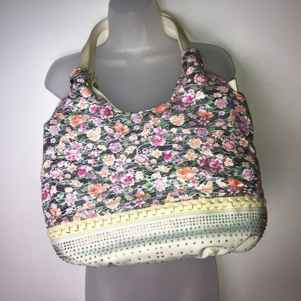 White & Floral Lace Bejeweled Shoulder Bag Large NWOT‎